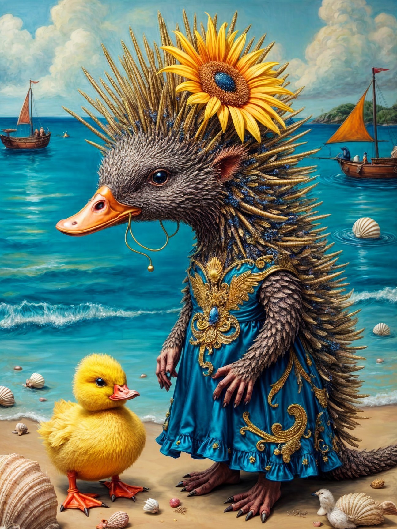 Whimsical Shore Scene with Unique Creature and Duckling