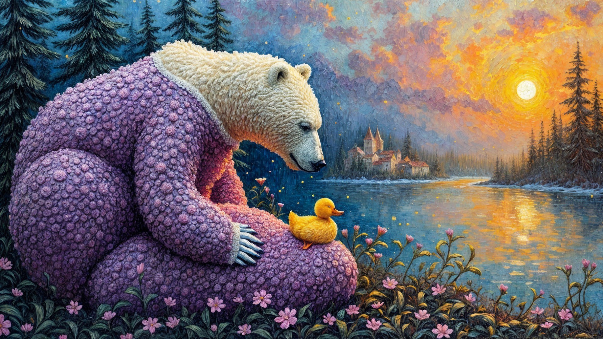 Impressionistic Painting of Polar Bear by Lake at Sunset