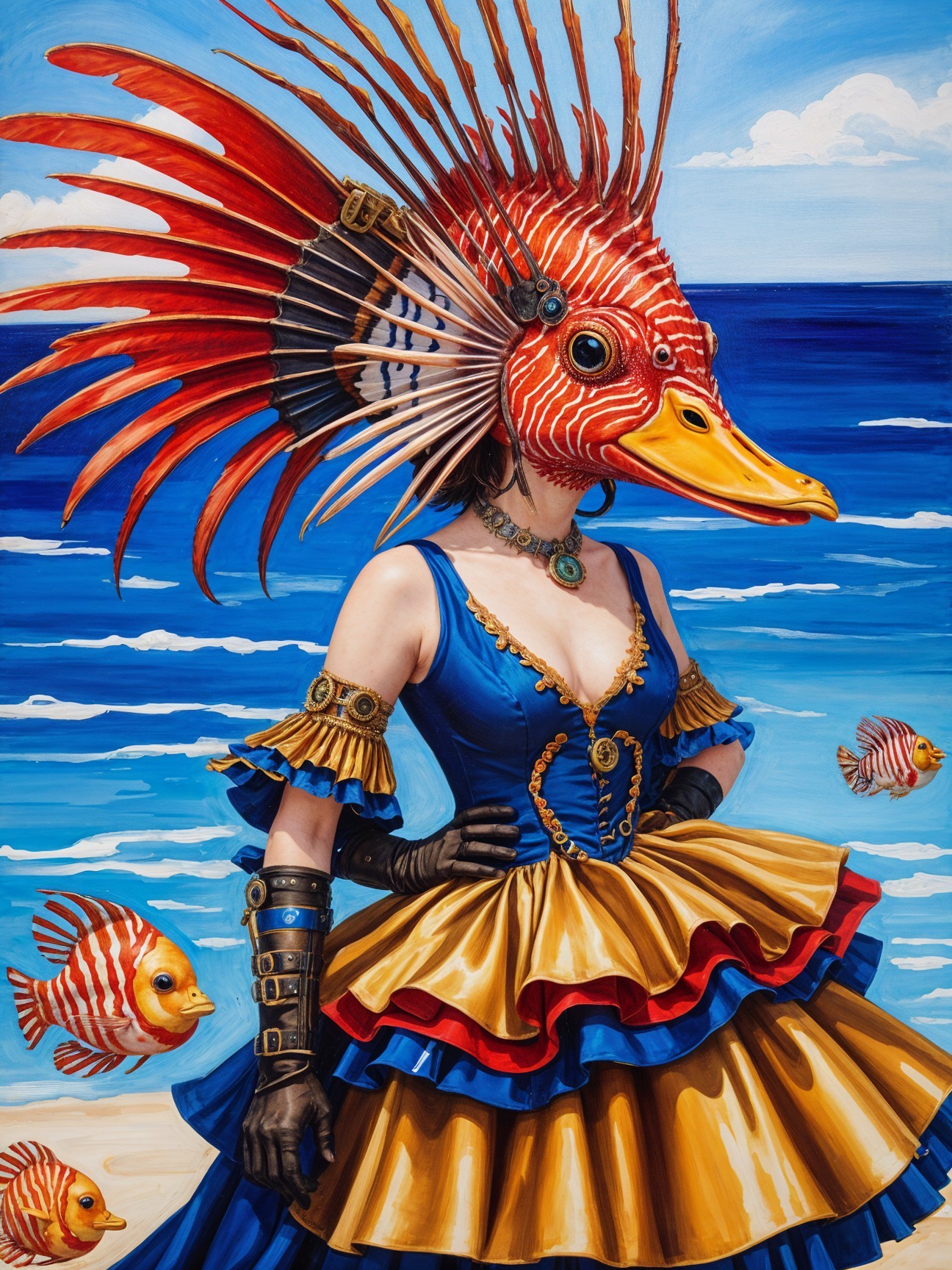 Whimsical Figure in Vibrant Dress by the Ocean