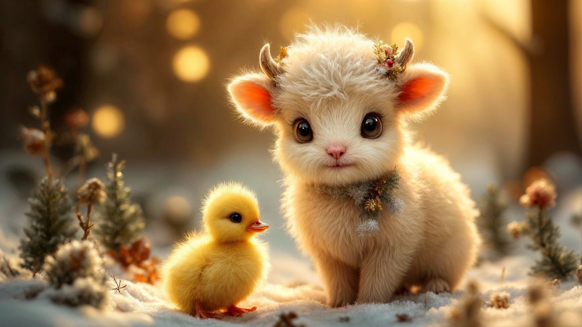 Whimsical Scene of Fluffy Creature and Duckling in Snow