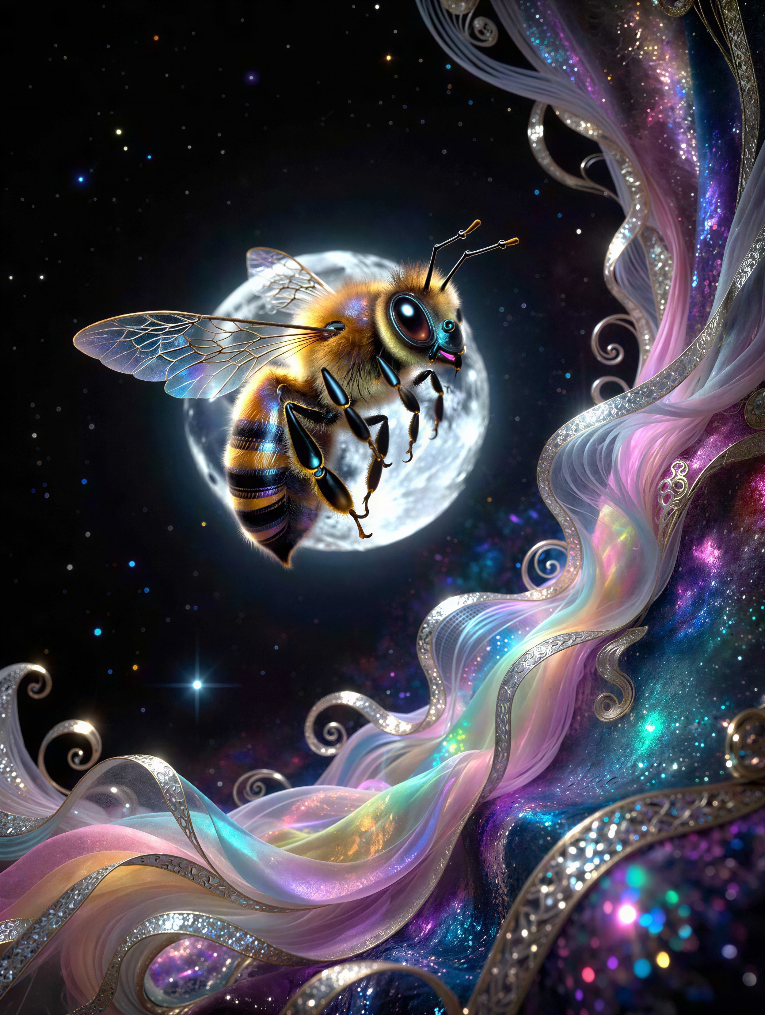Vibrant digital painting of a majestic bee in space
