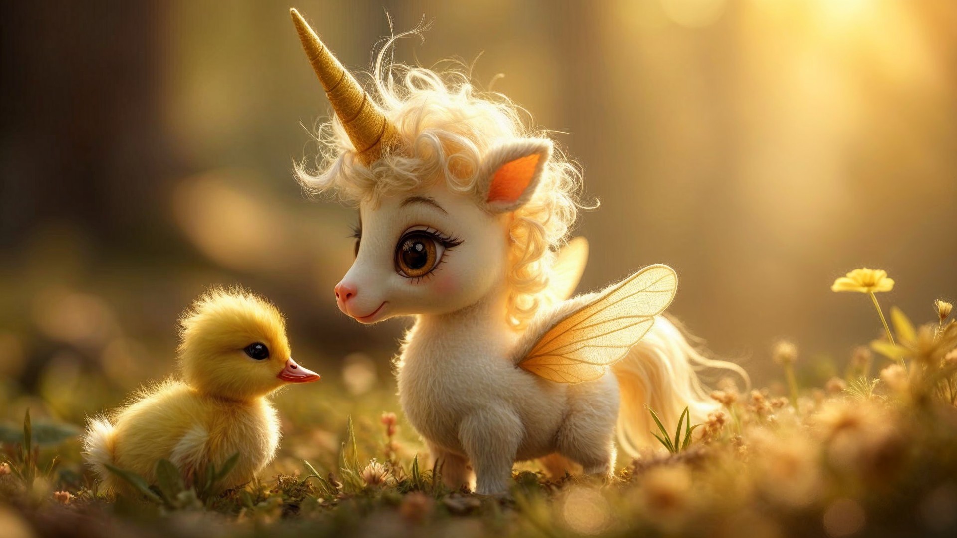 Plush Unicorn and Duckling in a Sunlit Forest Scene