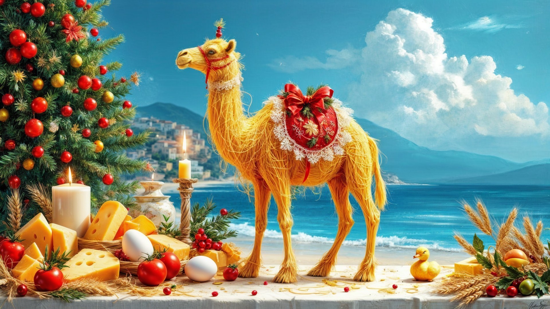 Whimsical Camel Scene with Festive Beach Decorations