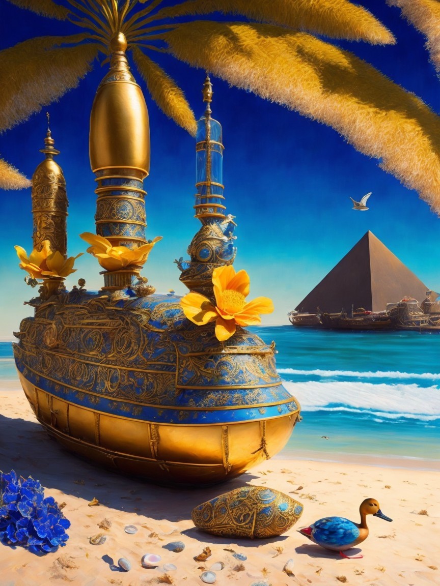 Ornate Golden Ship on Beach with Pyramid and Palm Leaves