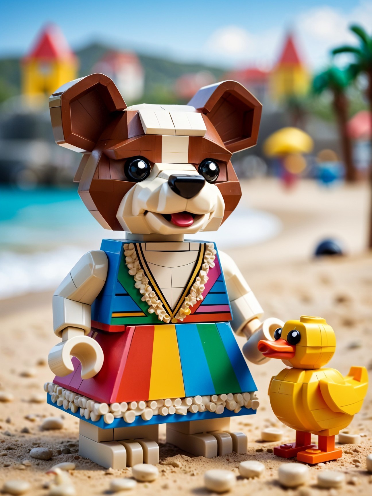Colorful LEGO Bear and Duck on a Sandy Beach