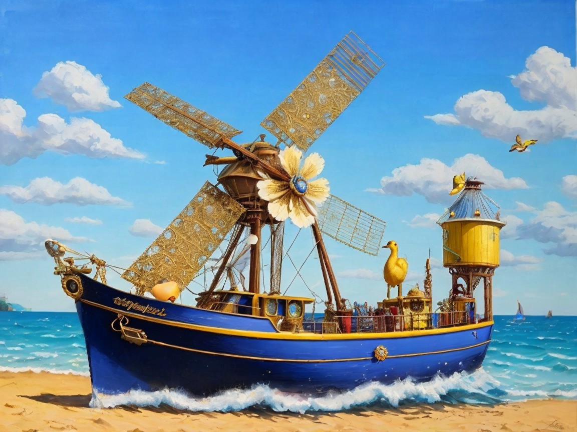 Whimsical Steampunk Ship on Sandy Beach Scene