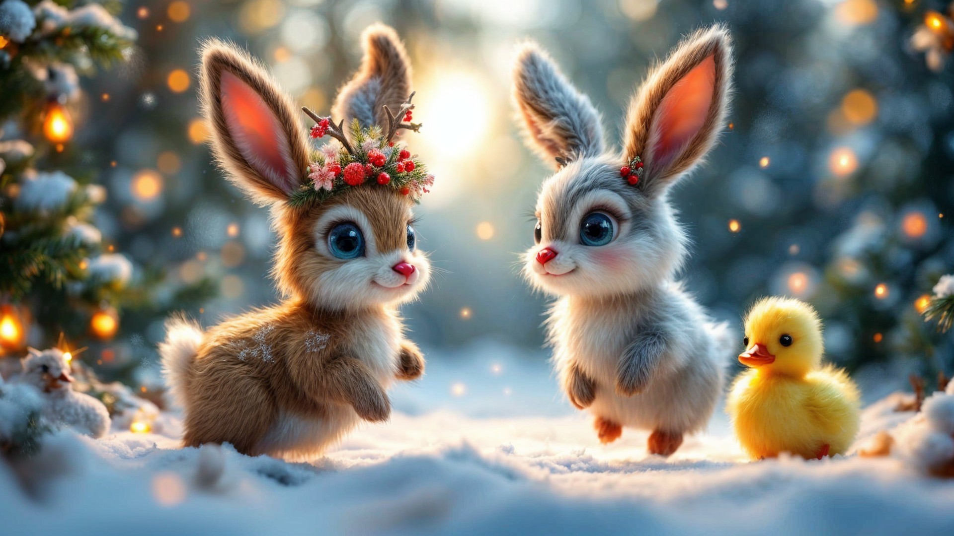 Bunnies and Duckling in a Snowy Landscape Scene
