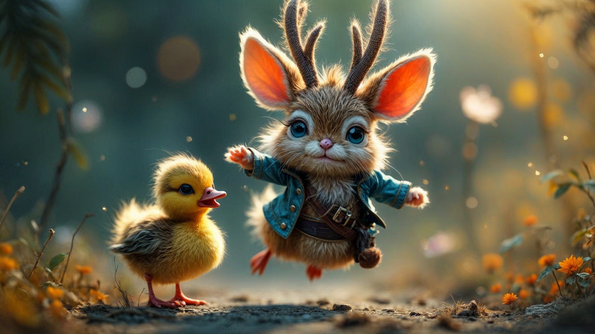 Whimsical Scene of Deer-like Creature and Duckling