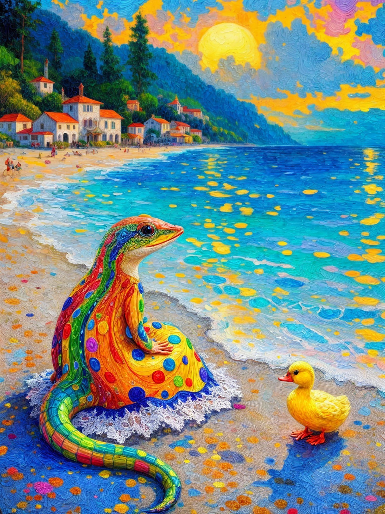 Colorful Lizard Creature on Beach with Duckling
