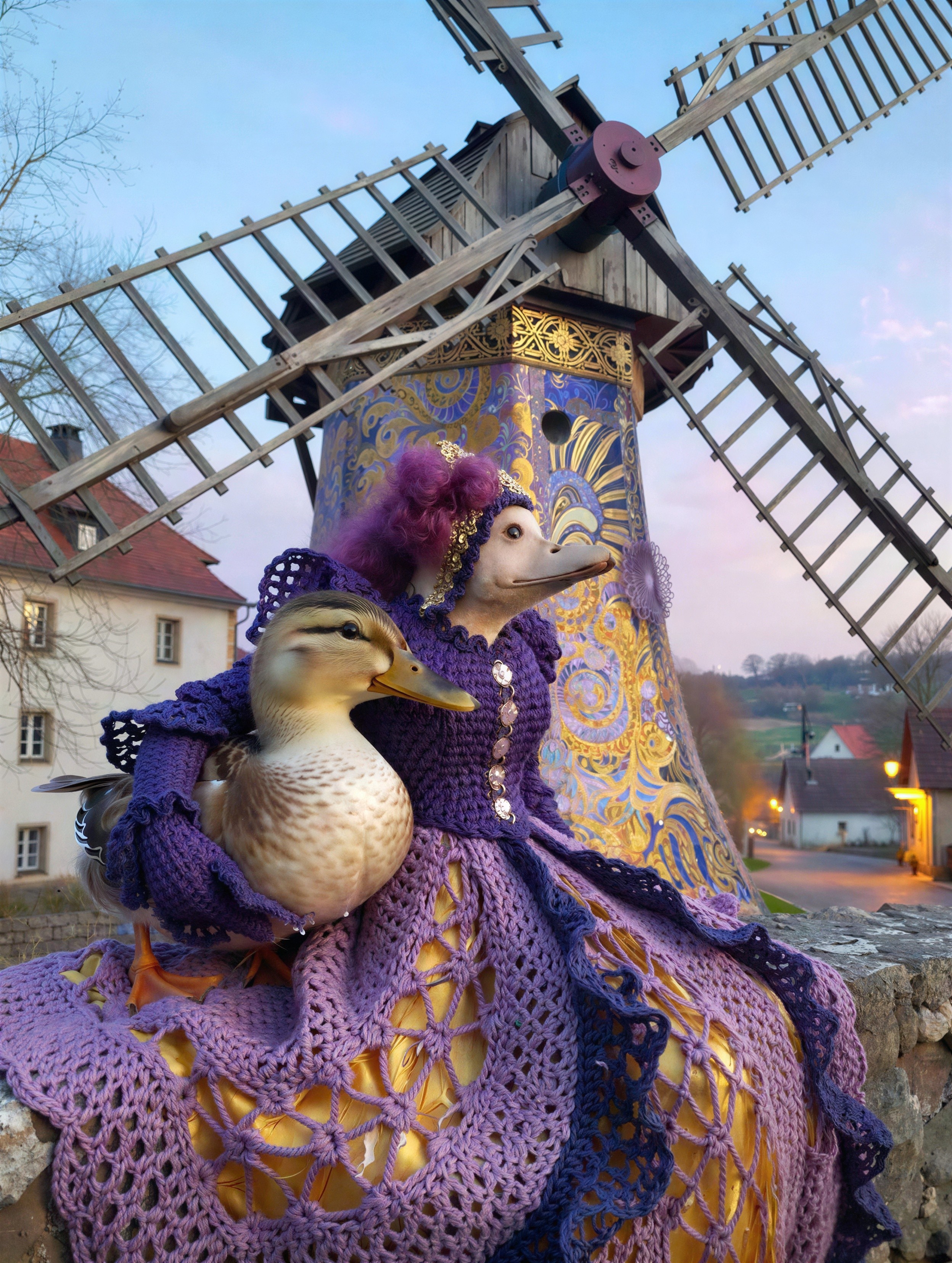 Ducks in Crocheted Outfits by Decorative Windmill