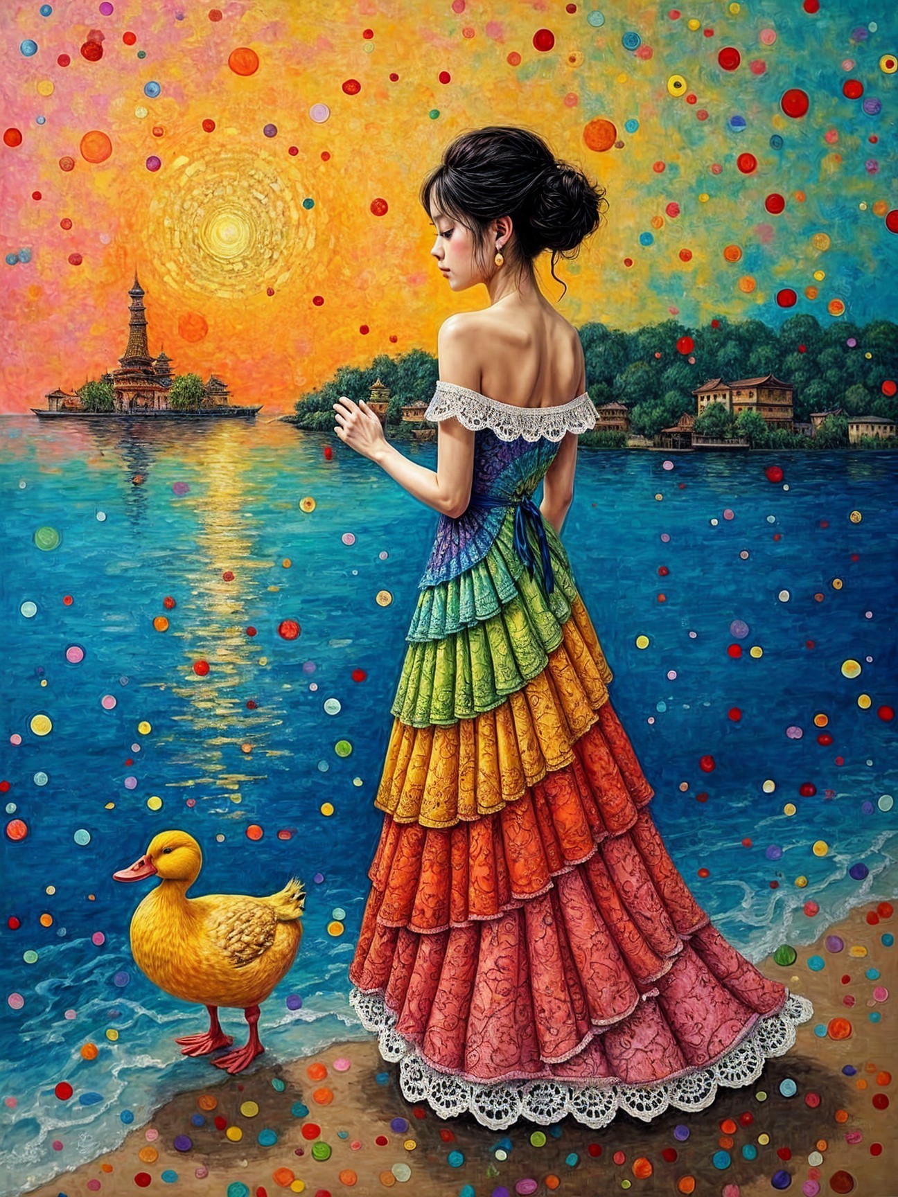 Woman in Rainbow Dress by Sunset Water Scene