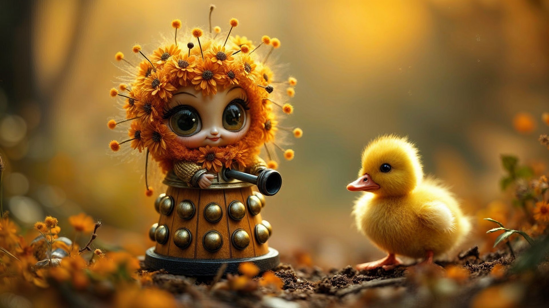 Whimsical Doll in Floral Dalek Outfit with Duckling