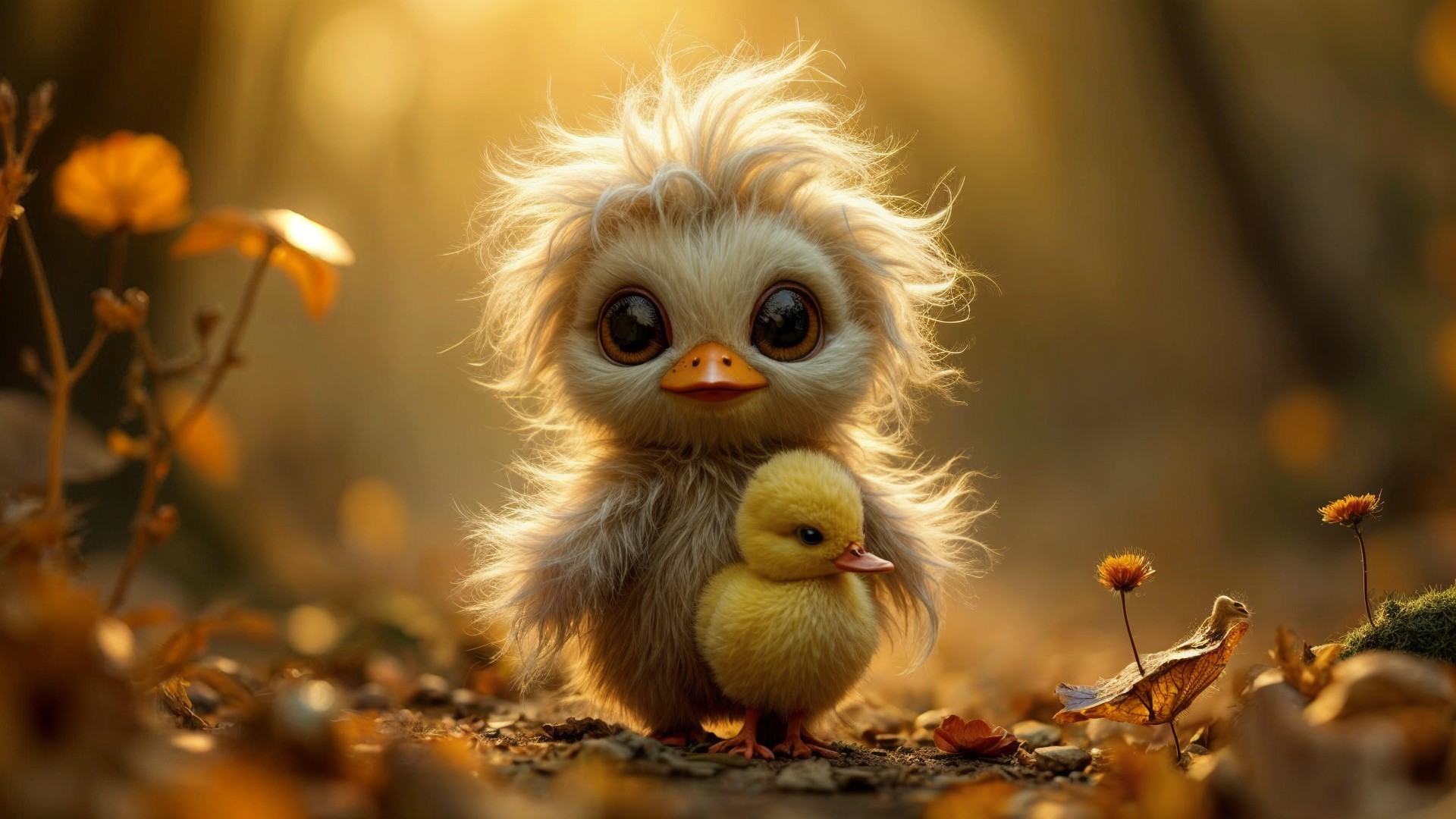 Fluffy Duckling-Like Creature with Adorable Chick in Autumn