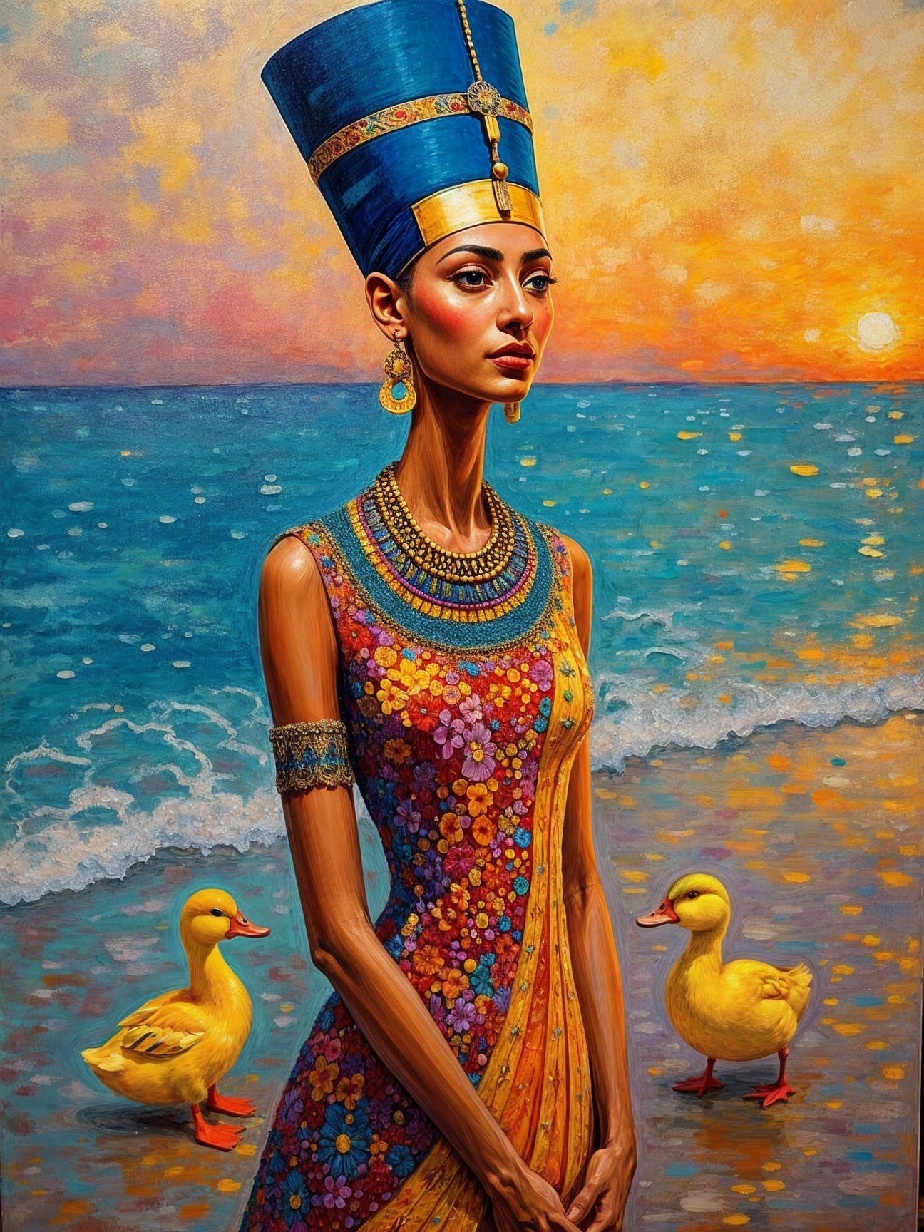 Regal Figure in Floral Dress at Sunset Shoreline