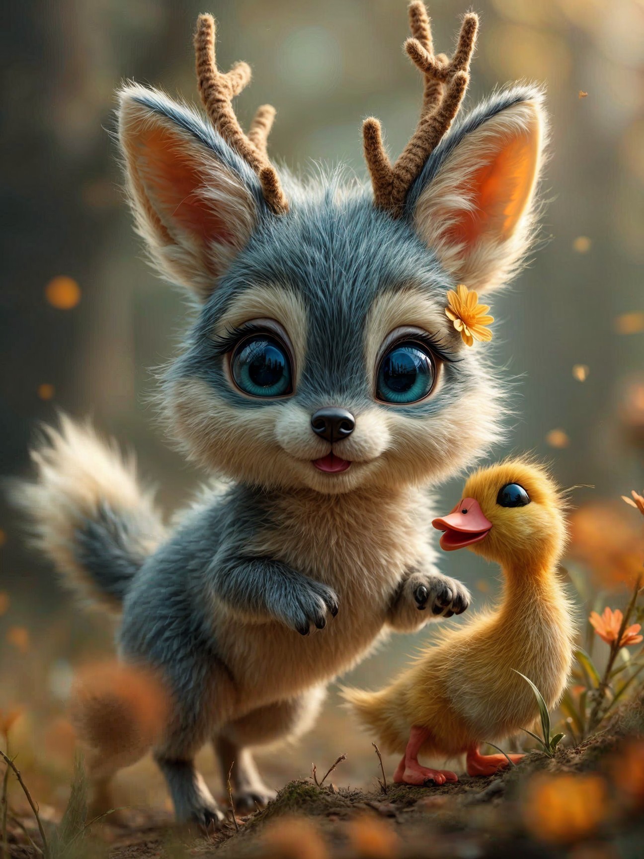 Whimsical Illustration of Fluffy Fox-like Creature and Duckling
