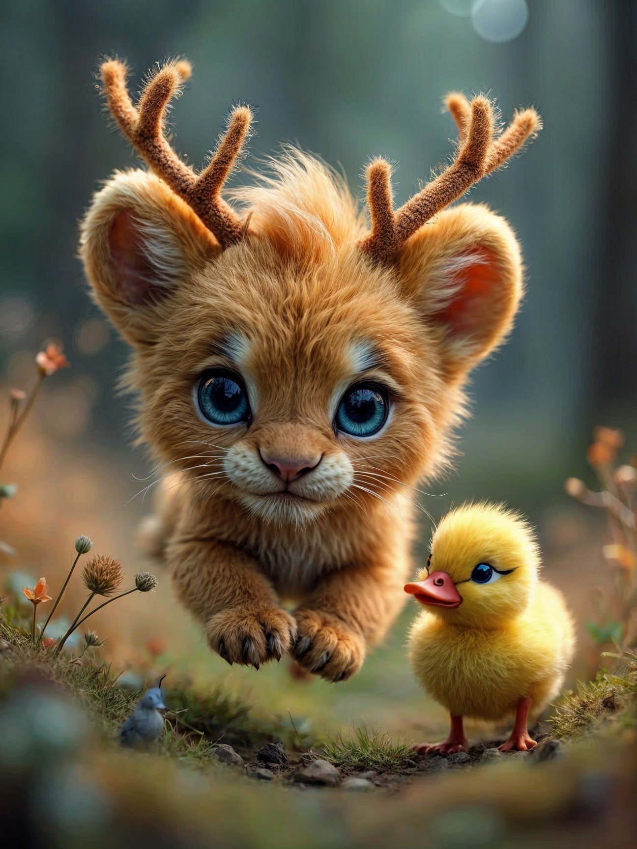Cartoonish Creature and Duckling in Serene Forest