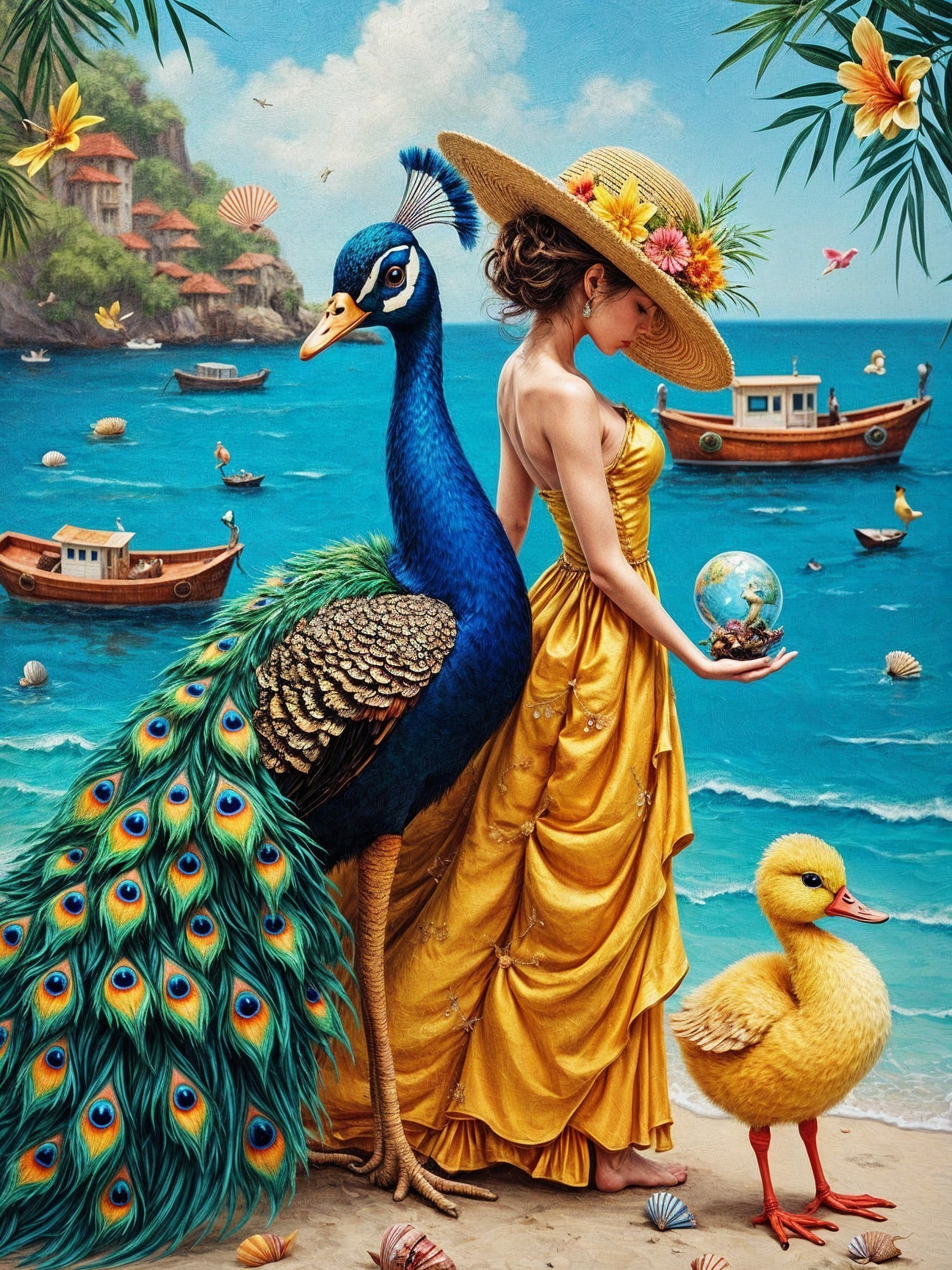 Serene Woman in Yellow Gown with Globe and Wildlife