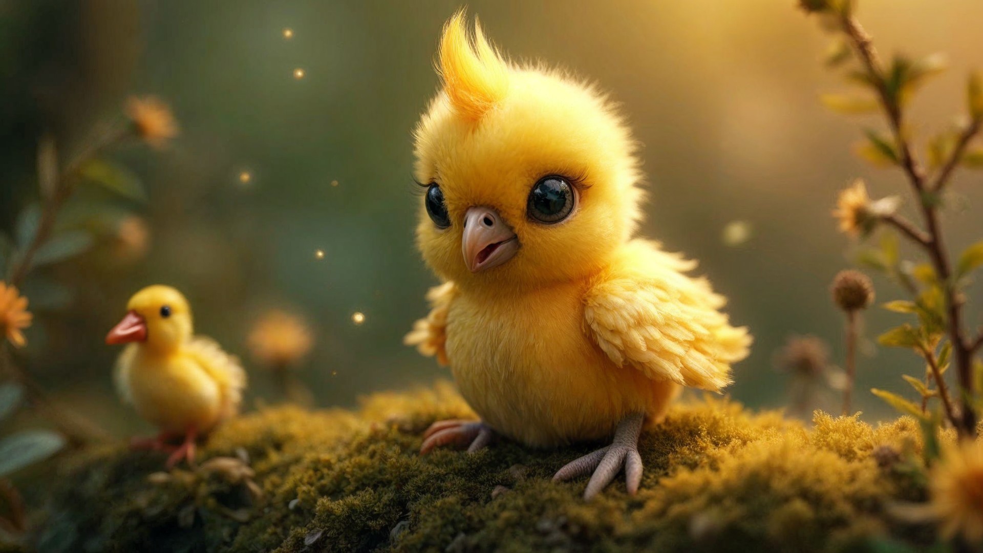 Yellow Chicks on Mossy Surface in Greenery
