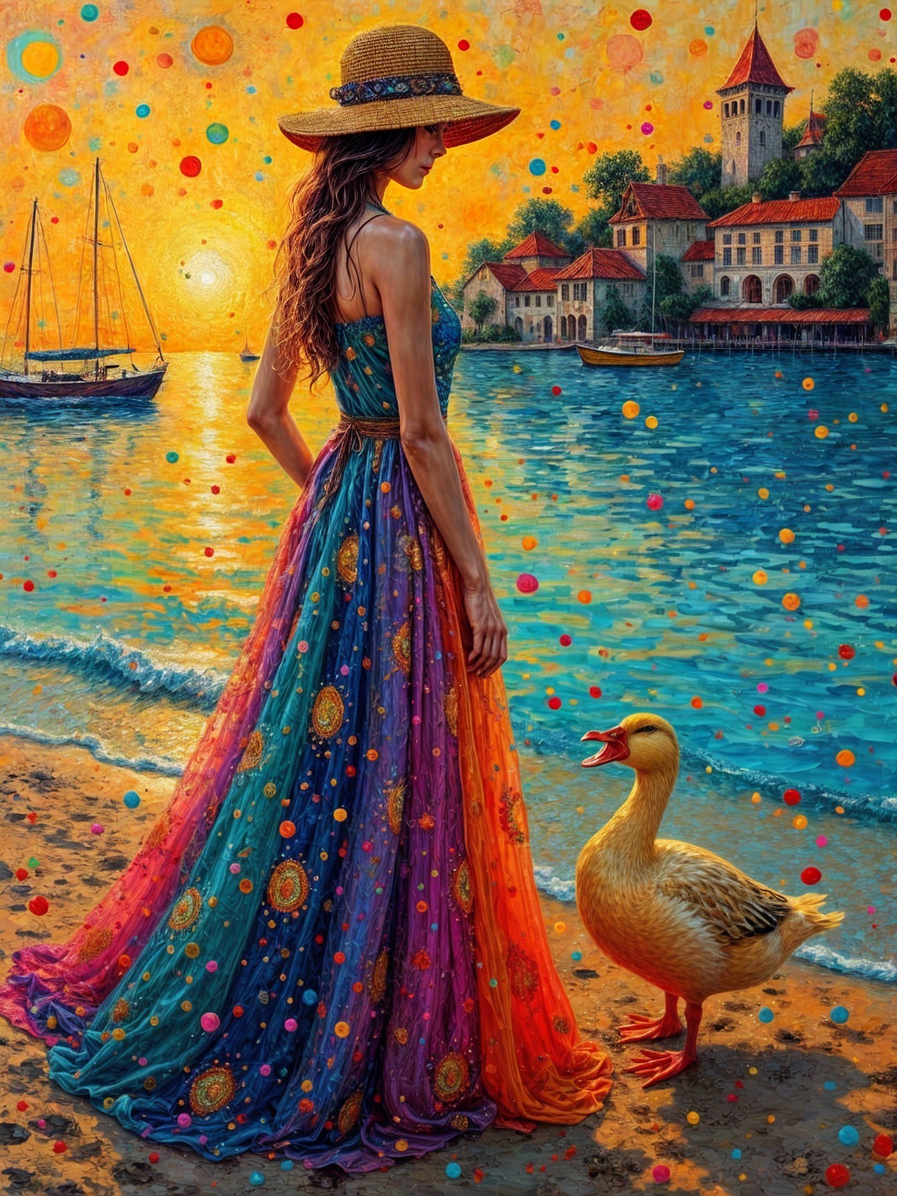 Woman in Multicolored Dress by Serene Sunset Shore