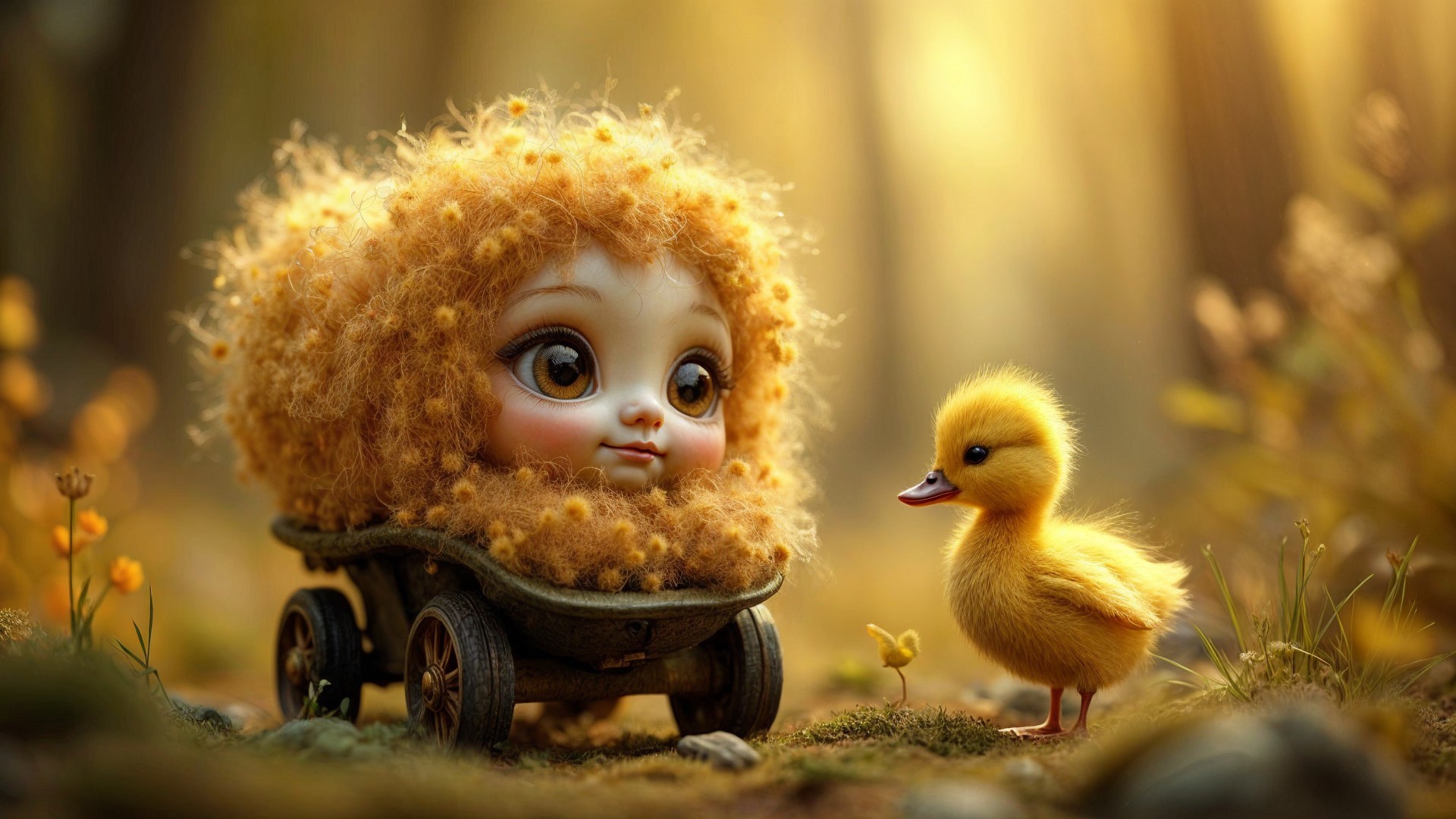 Whimsical Doll and Duckling in Enchanted Woodland Scene