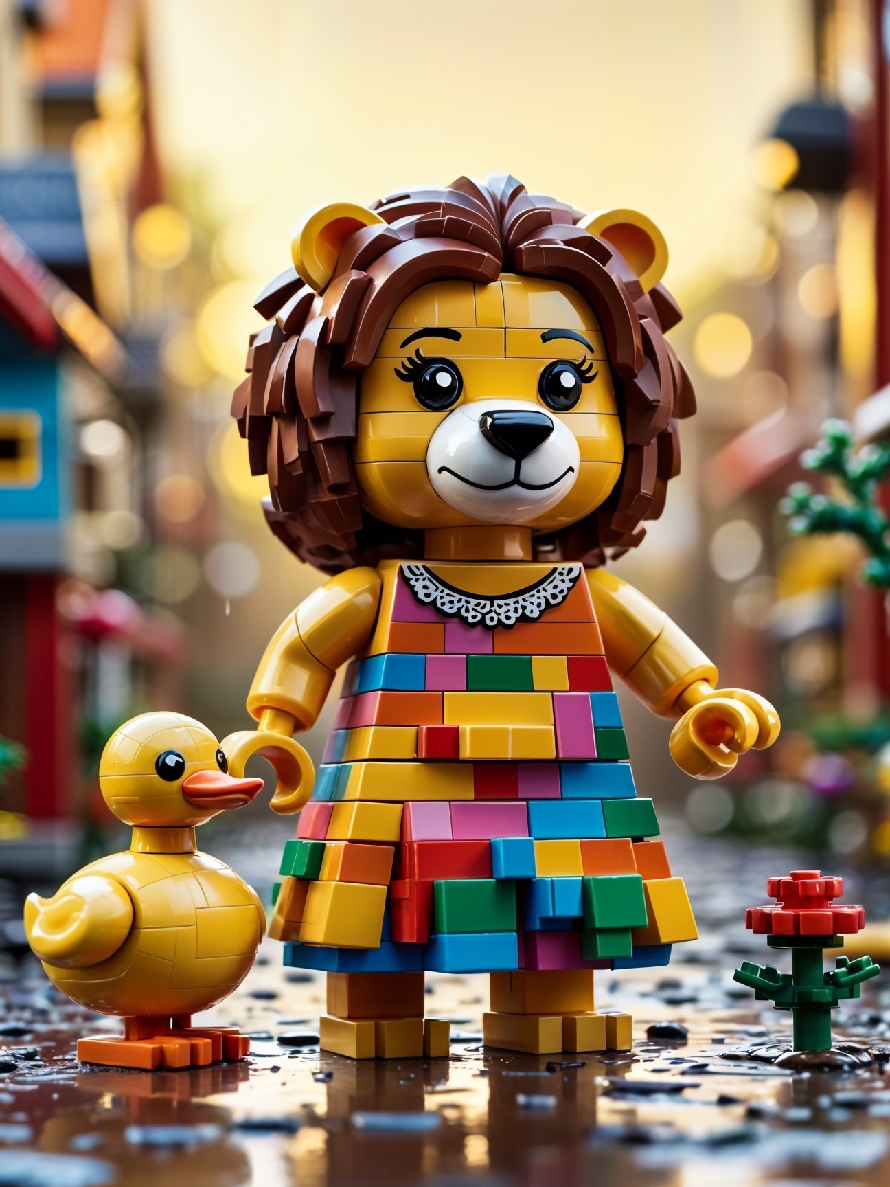 Colorful LEGO Lion Figure in Vibrant Street Scene