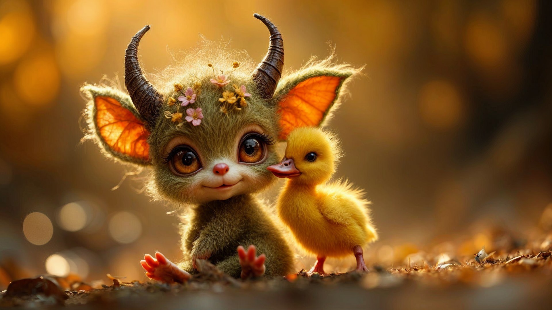 Whimsical Creature with Duckling in Autumn Light