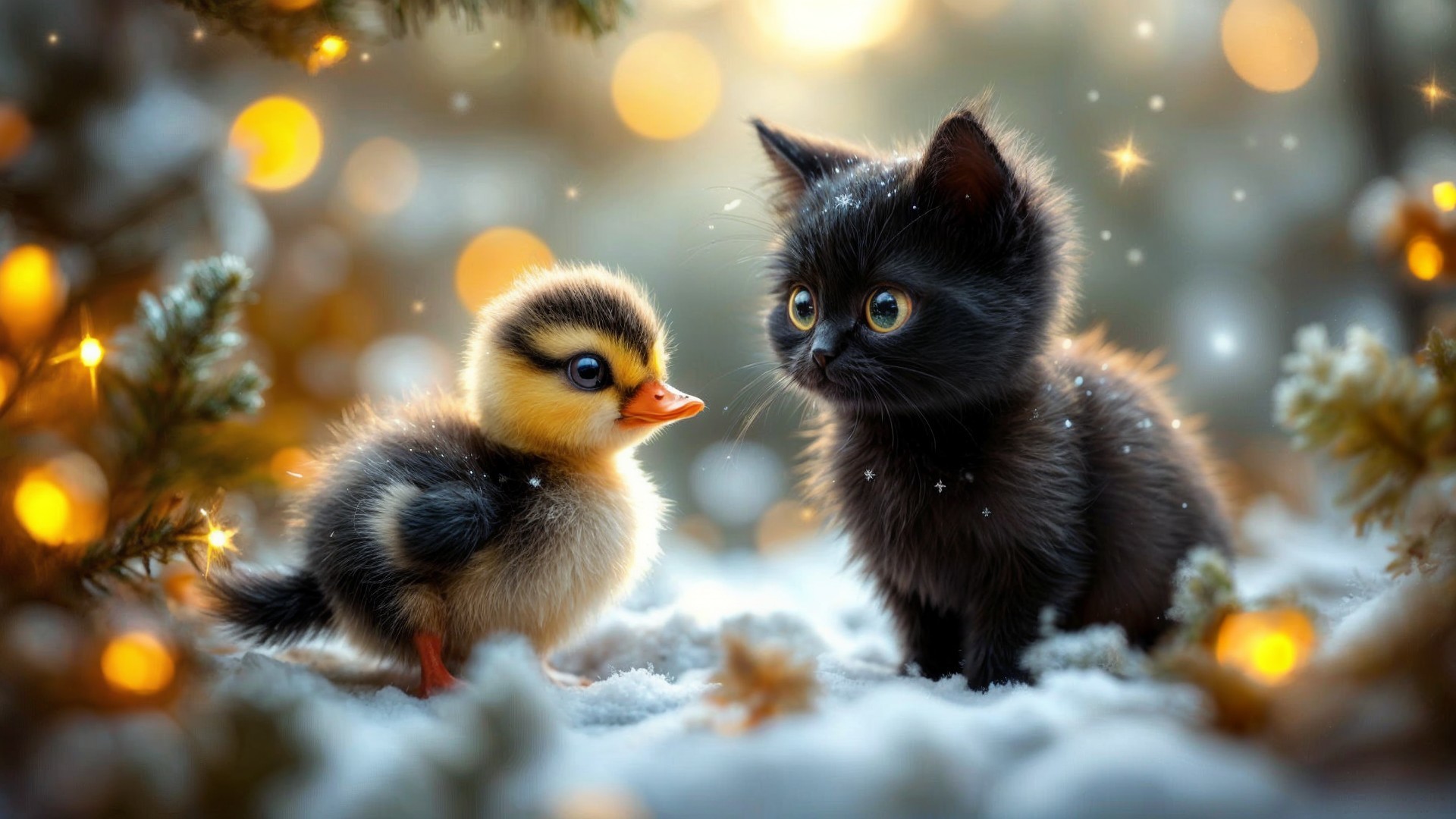 Fluffy Black Kitten and Duckling in Snowy Scene