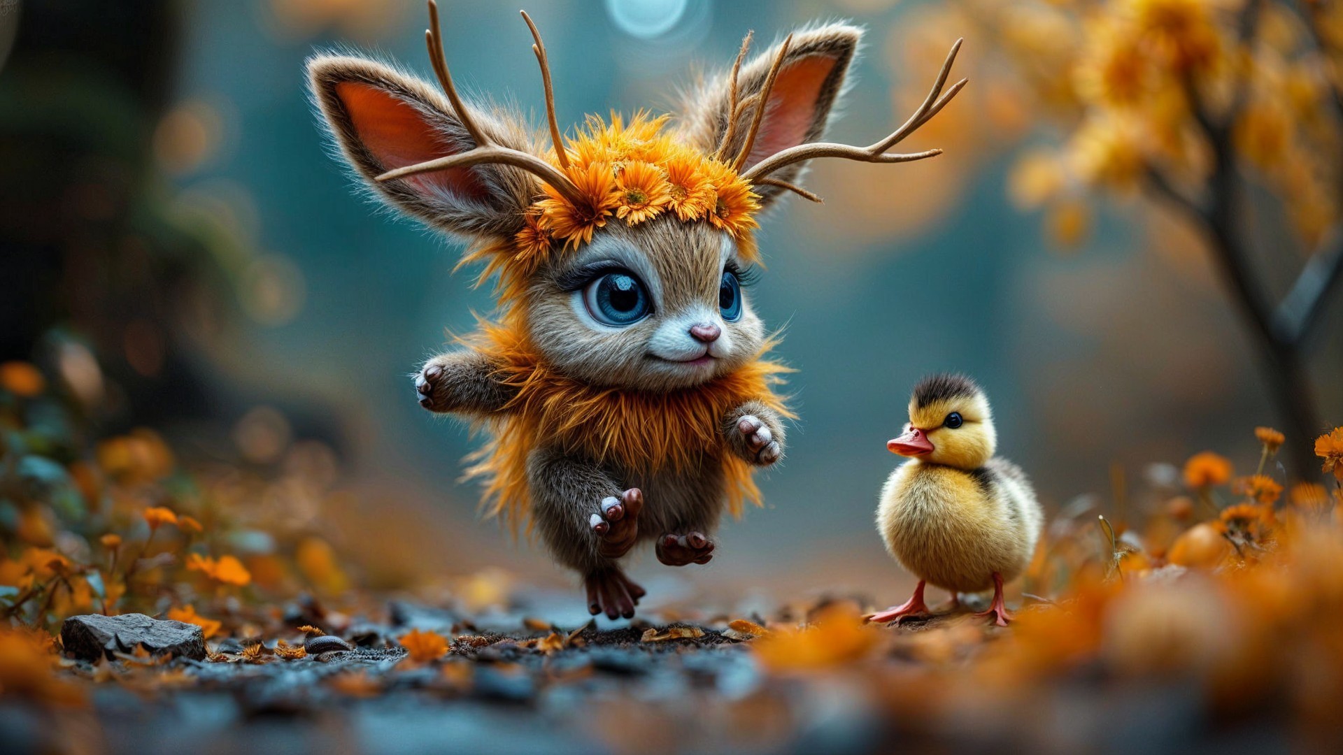 Whimsical Forest Scene with Playful Creature and Duckling