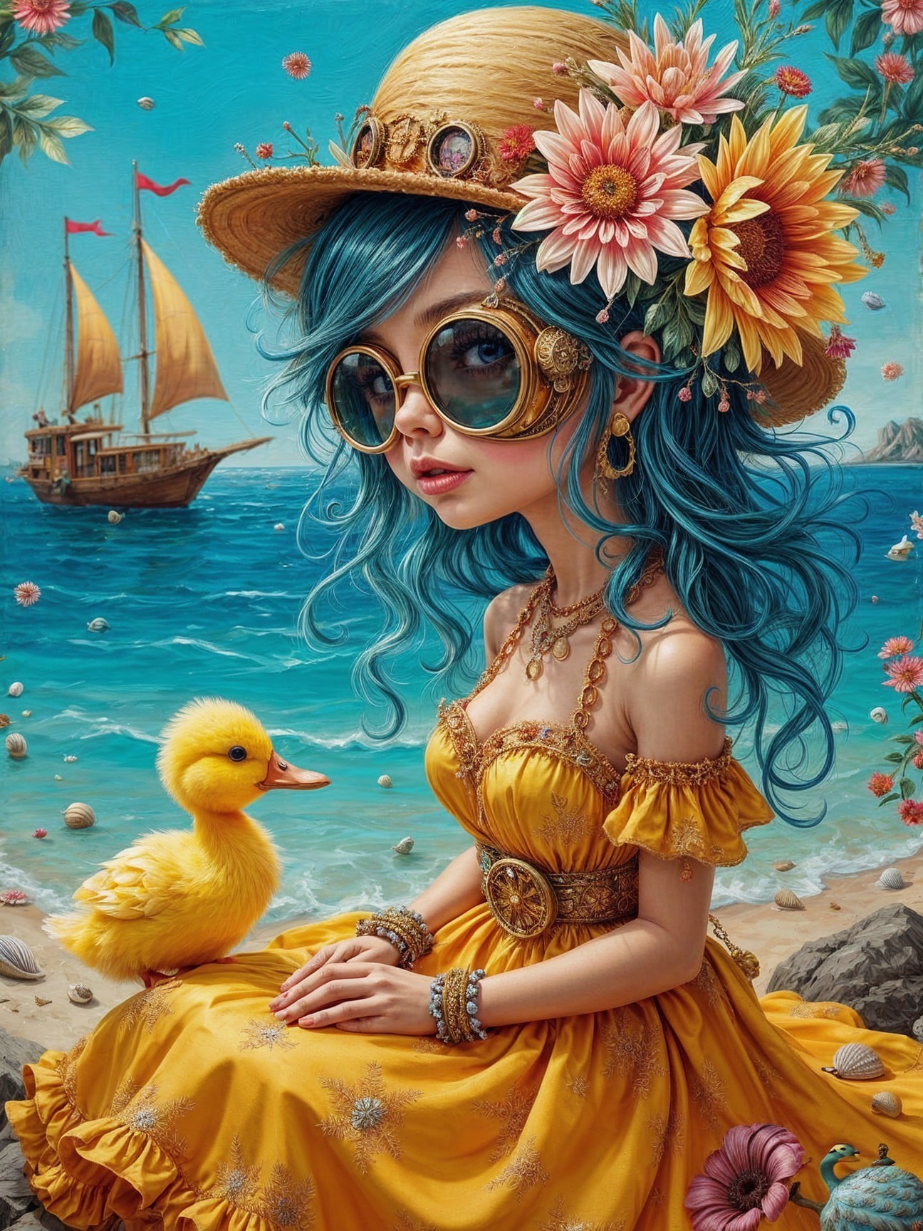 Whimsical Beach Scene with Colorful Girl and Duck