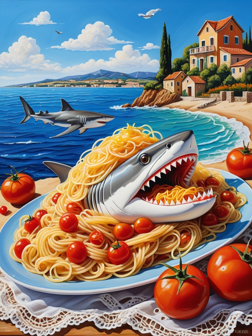 Whimsical Spaghetti Dish with Shark-Shaped Fish