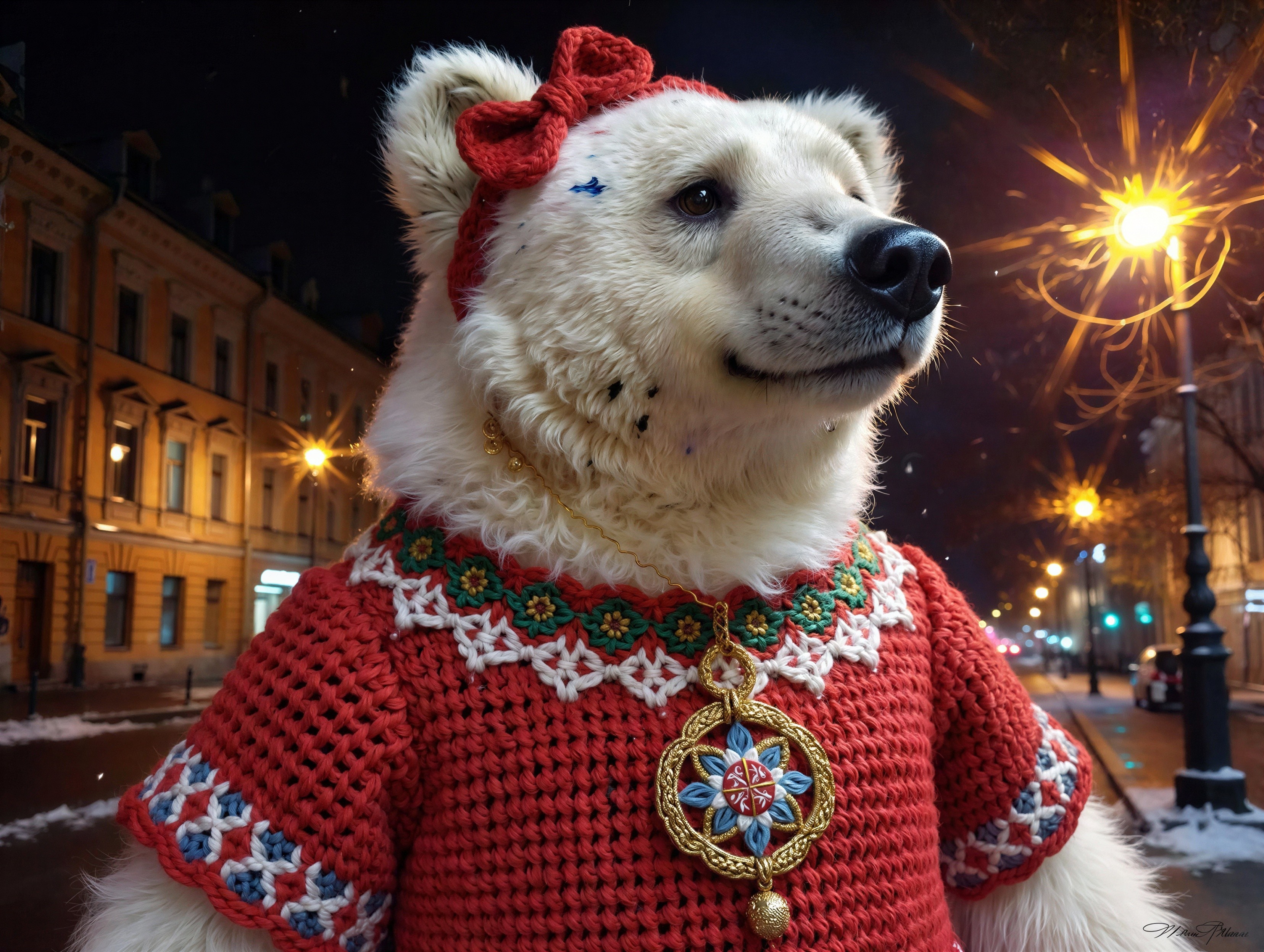 Furry White Bear in Christmas Sweater with Pendant