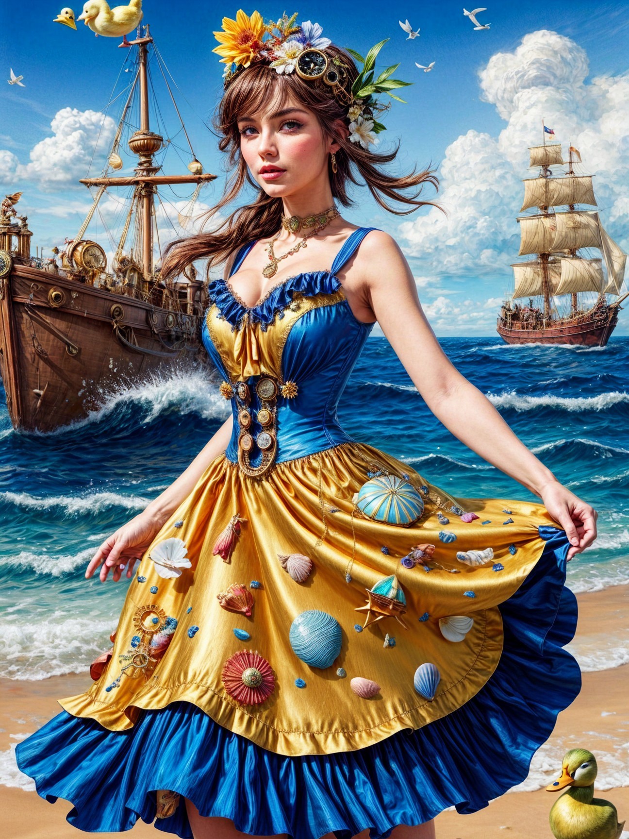 Young Woman in Vibrant Seashell Dress on Beach