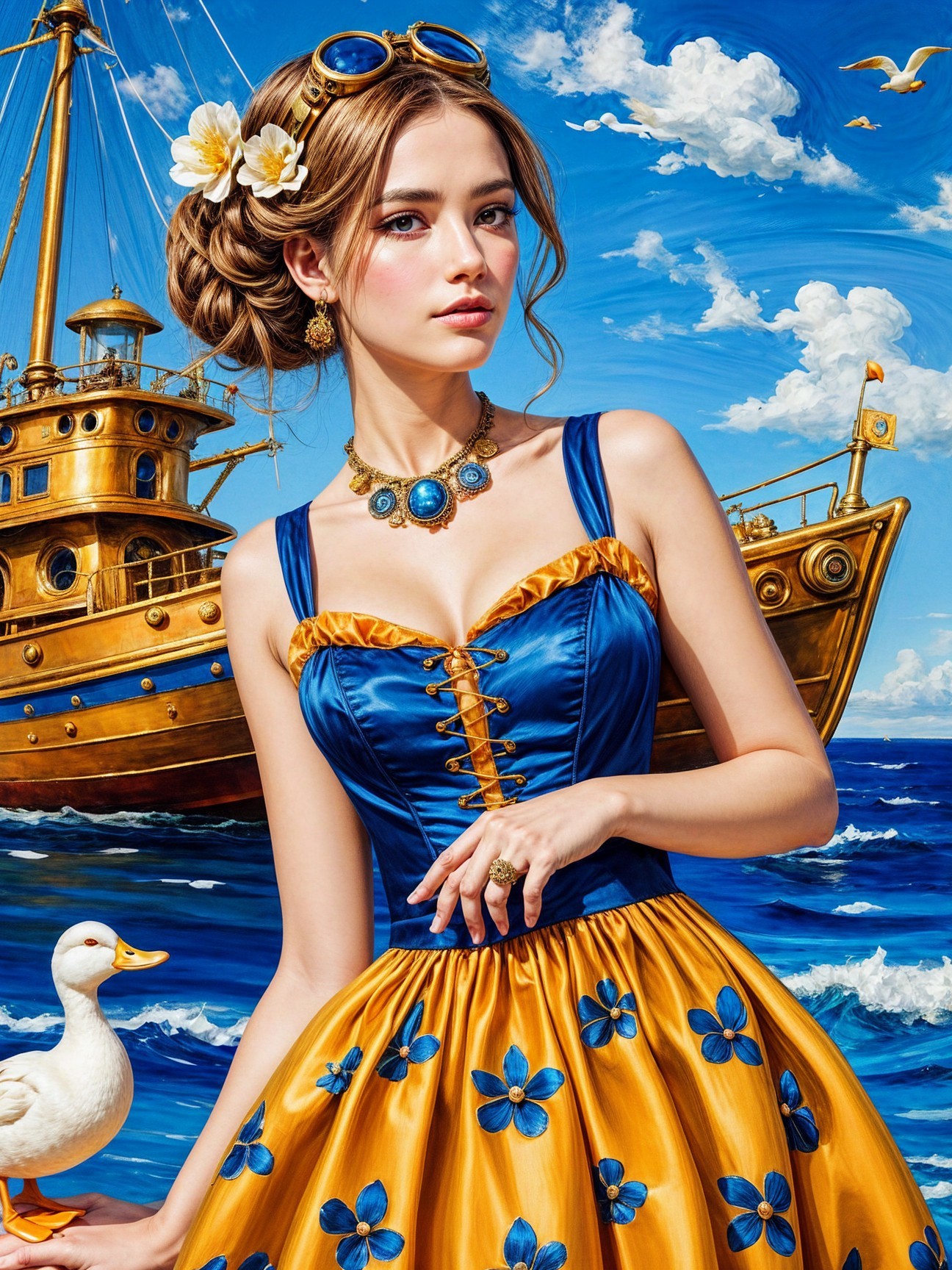 Young woman in floral dress by golden ship and sea