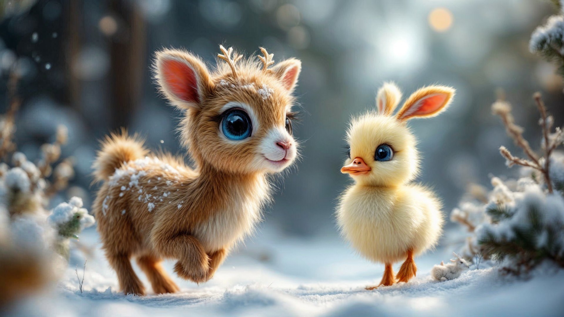 Snowy Forest Scene with Fawn and Duckling