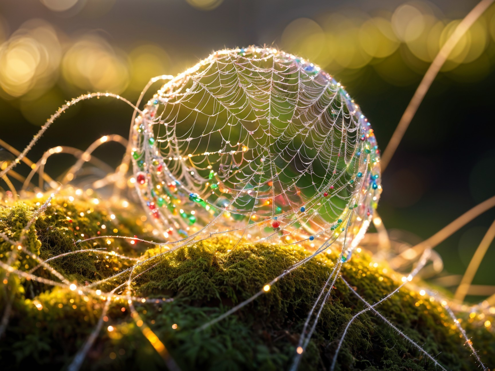 Glistening Web with Colorful Beads on Green Moss