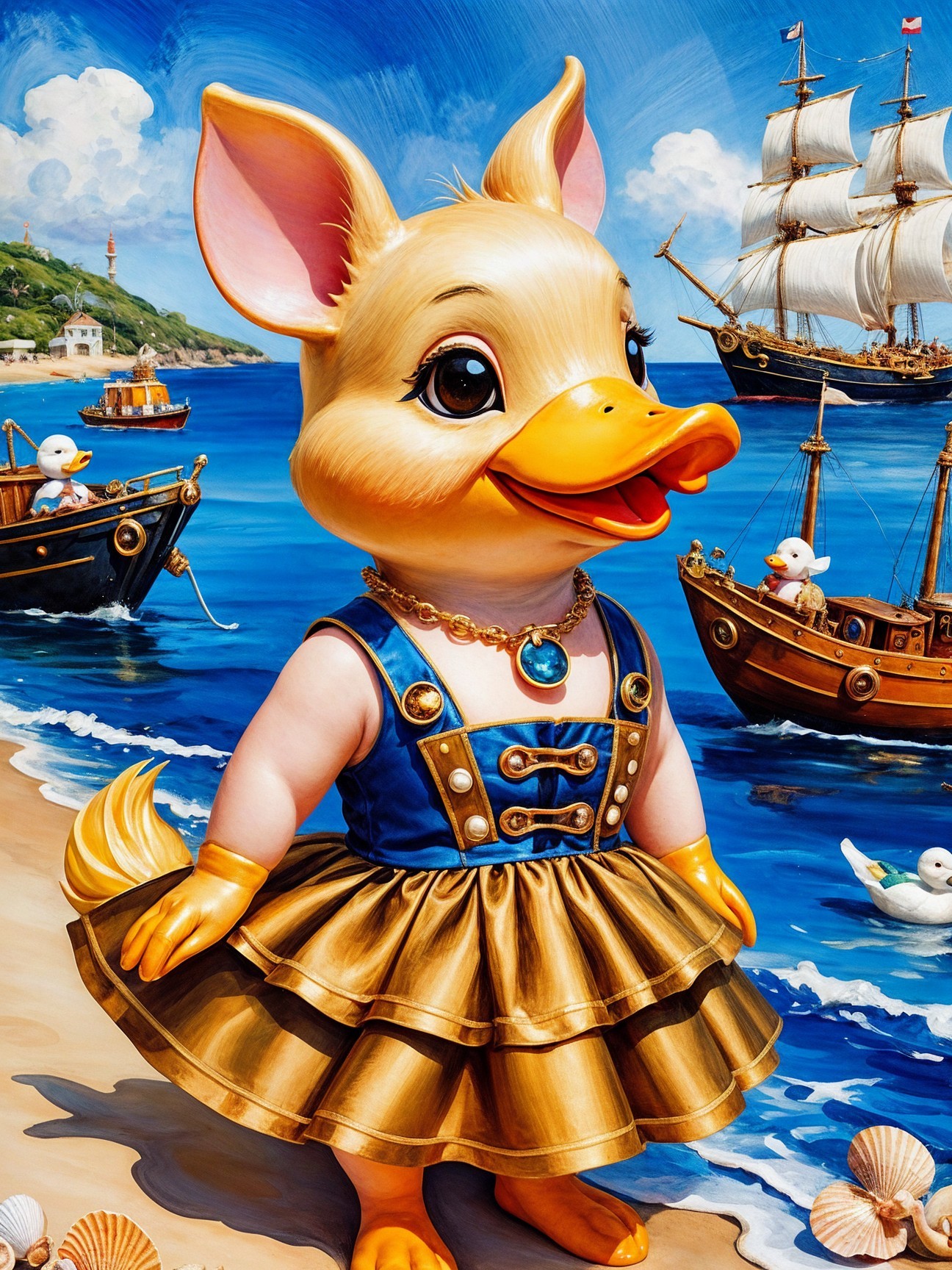 Cheerful Piglet in Stylish Dress by Vibrant Seaside