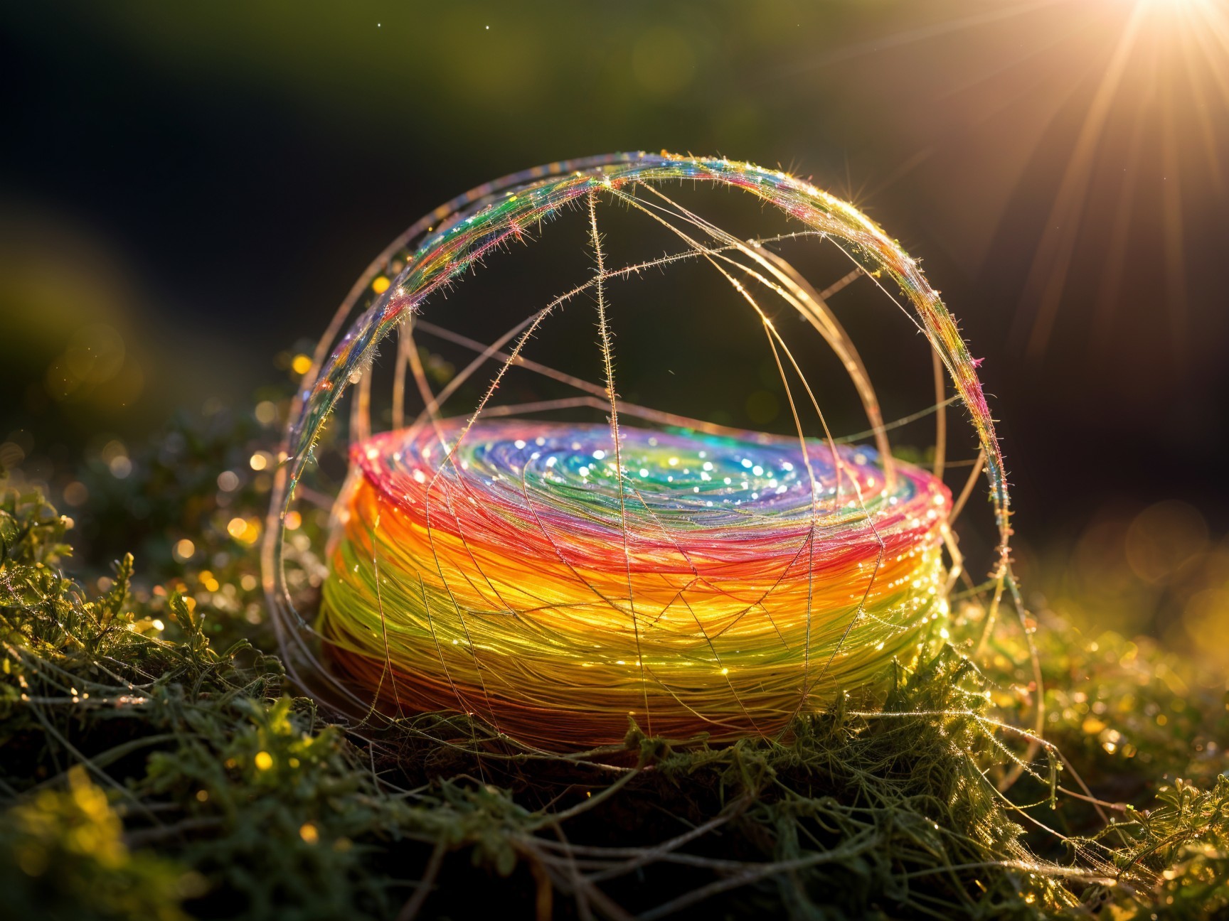 Vibrant Spiraled Threads on Green Surface in Sunlight