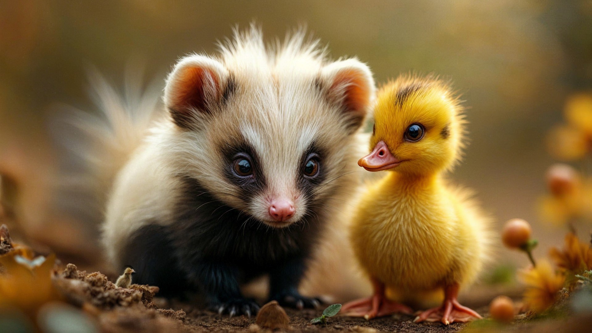 Fluffy Animal and Duckling in Whimsical Setting