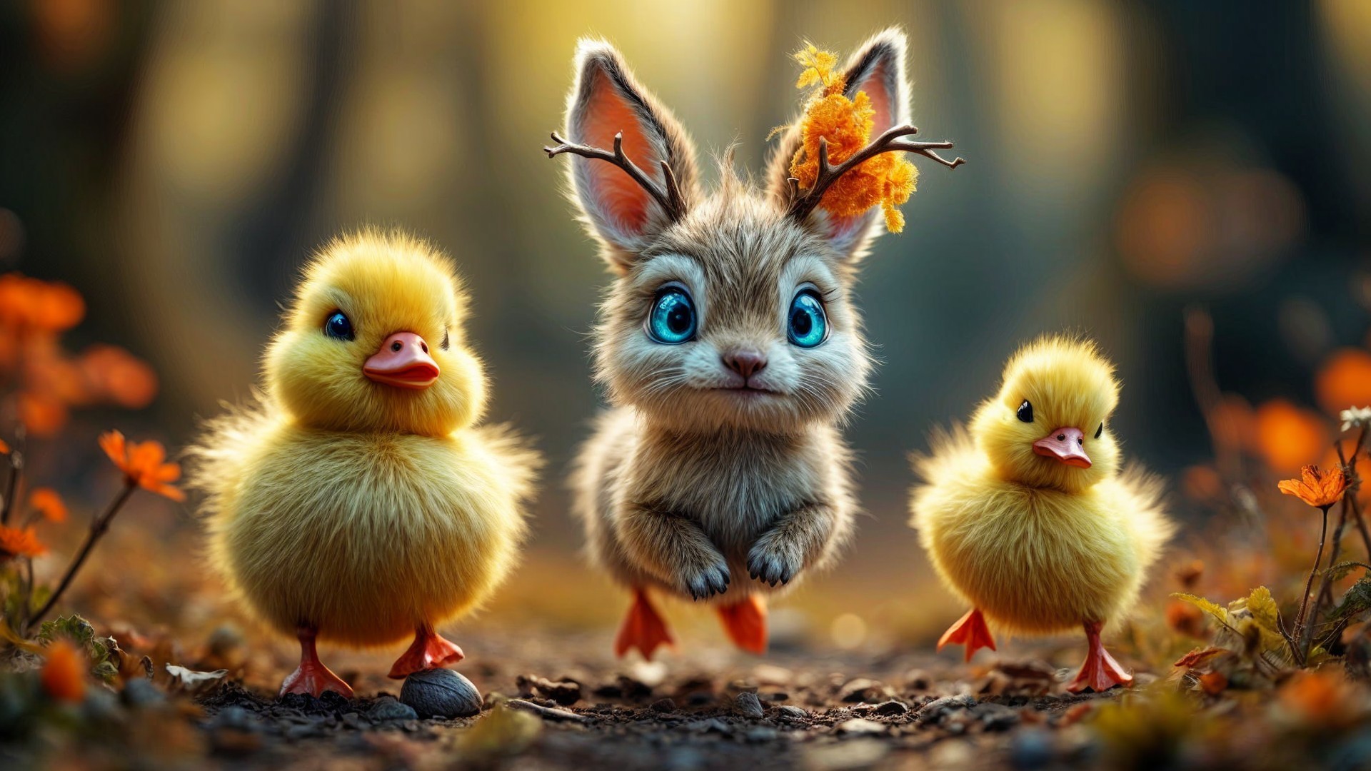 Whimsical Rabbit and Ducklings in Dreamy Forest Scene