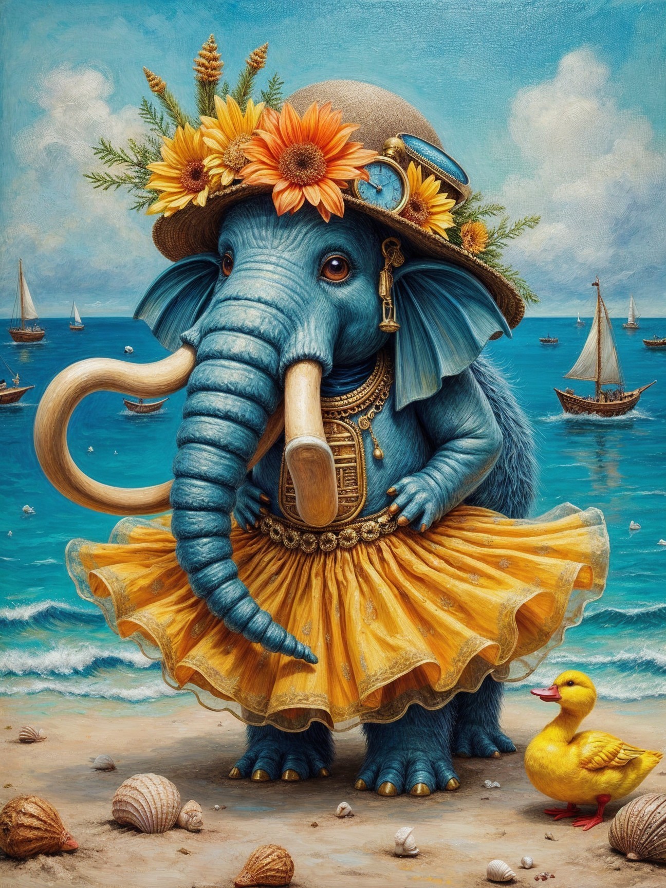 Whimsical Blue Elephant in Tutu at Beach Scene