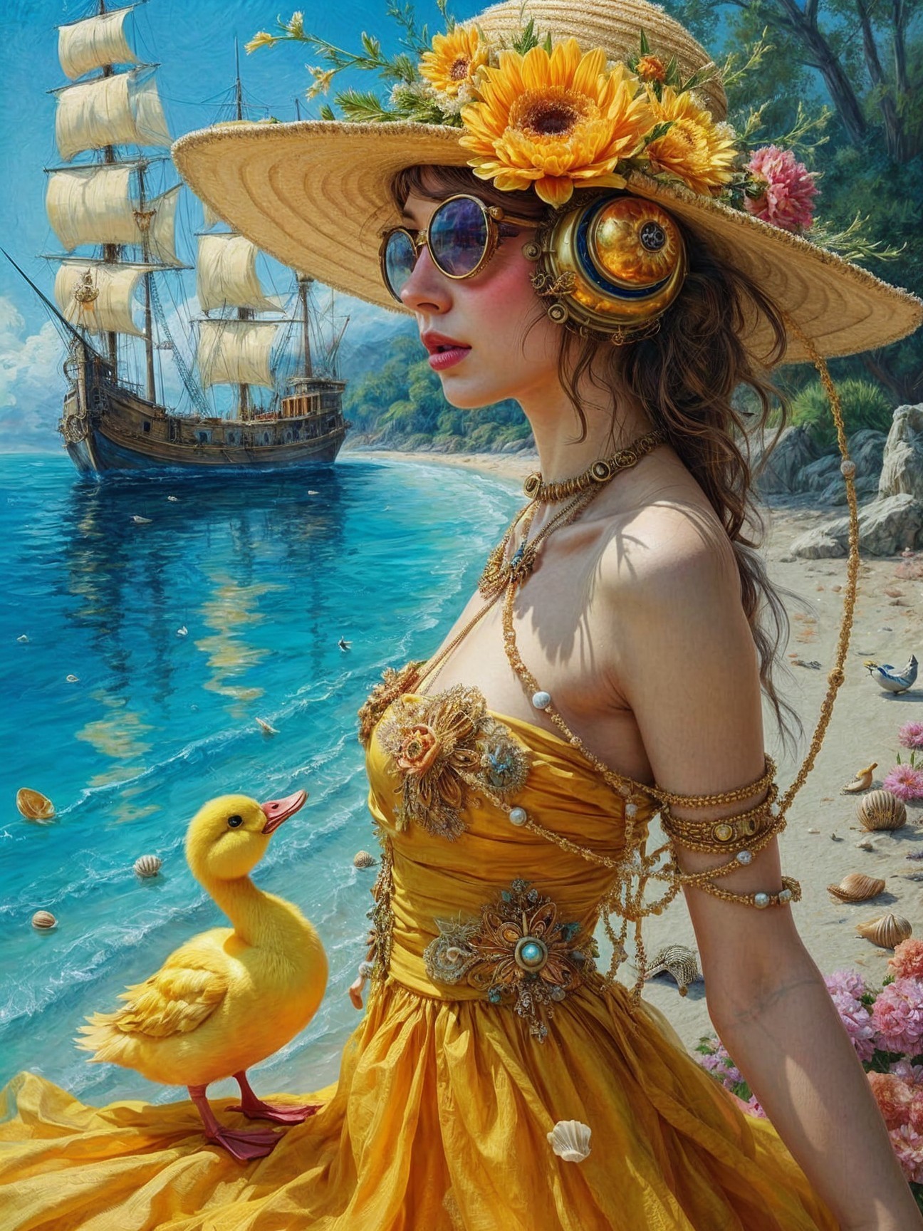 Woman in Yellow Dress by Serene Beach with Duckling