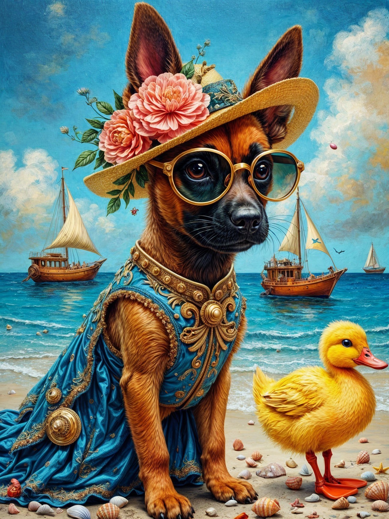 Fashionable Dog in Blue Gown at Beach Scene