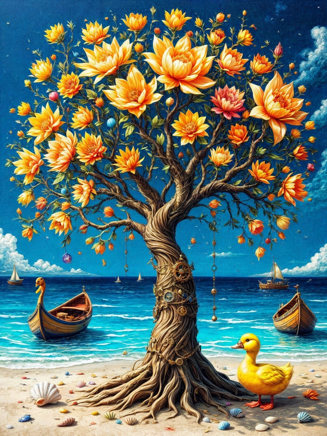Majestic tree with orange flowers by serene beach scene