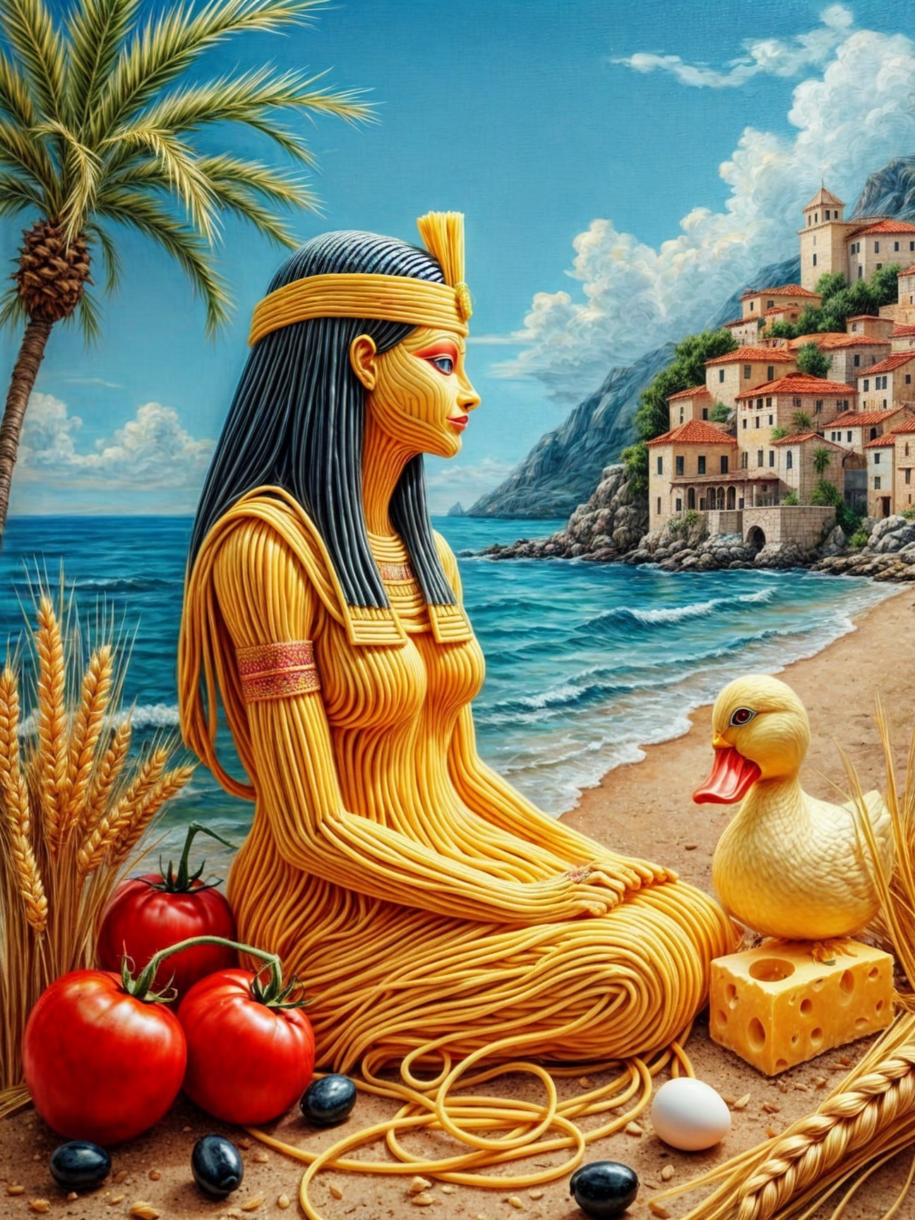 Pasta Sculpture on a Beach with Rubber Duck and Palms