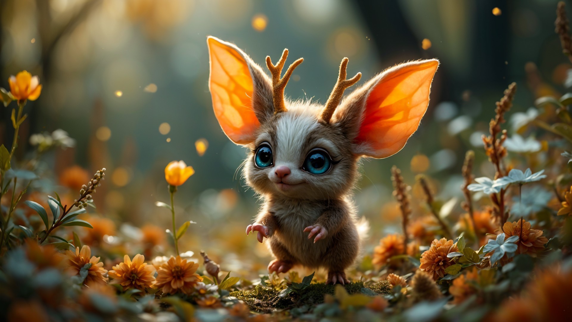 Whimsical Creature in Sunlit Meadow with Flowers