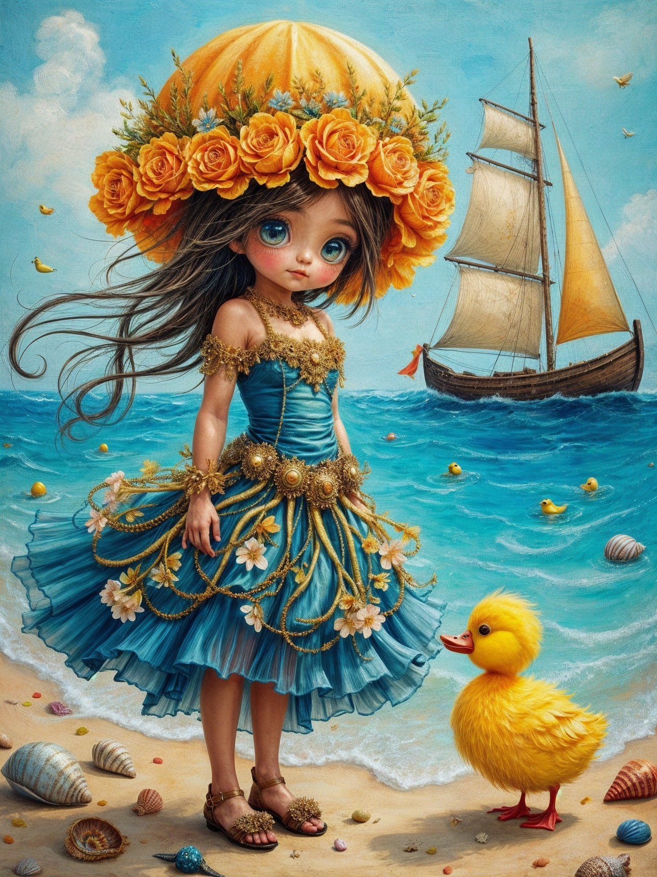 Whimsical Beach Scene with Girl and Duckling