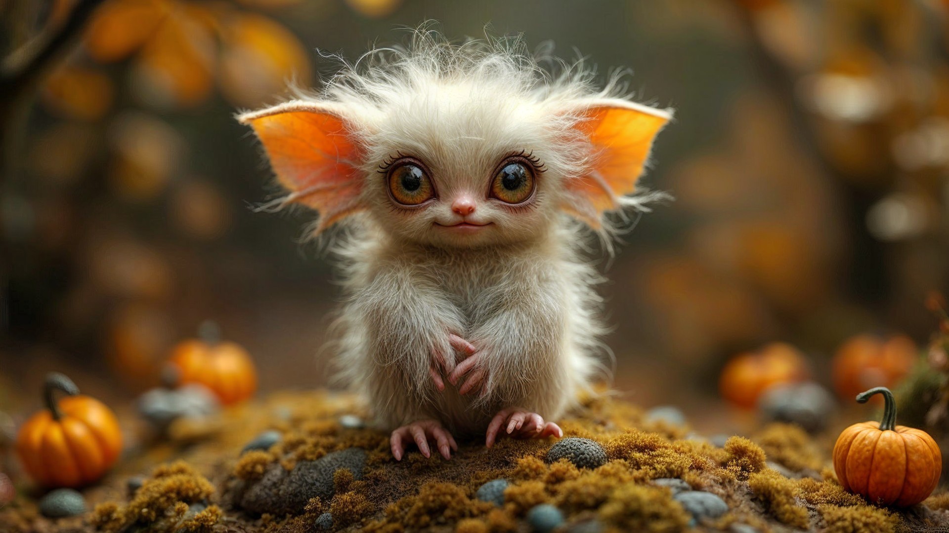 Whimsical creature in a mossy autumn setting