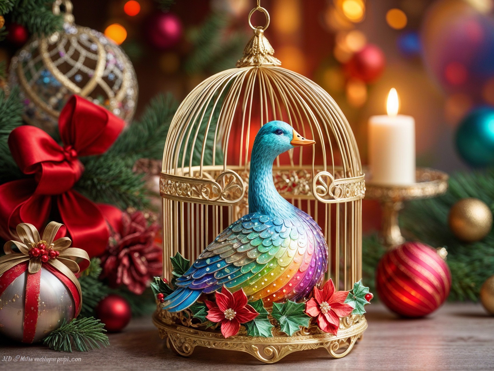 Colorful Peacock Figurine in Ornate Birdcage Decor