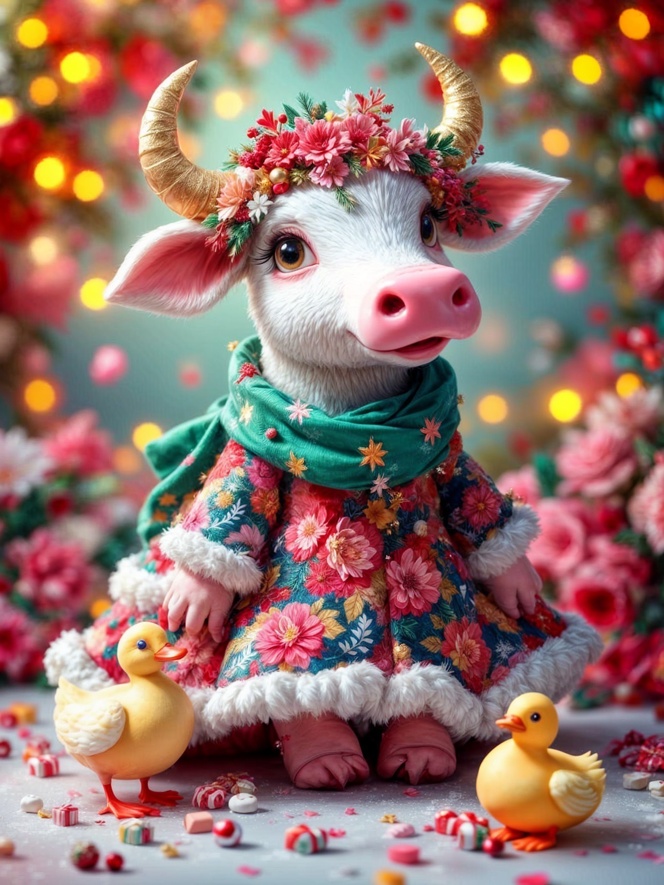 Whimsical Cow Character Design with Floral Accents