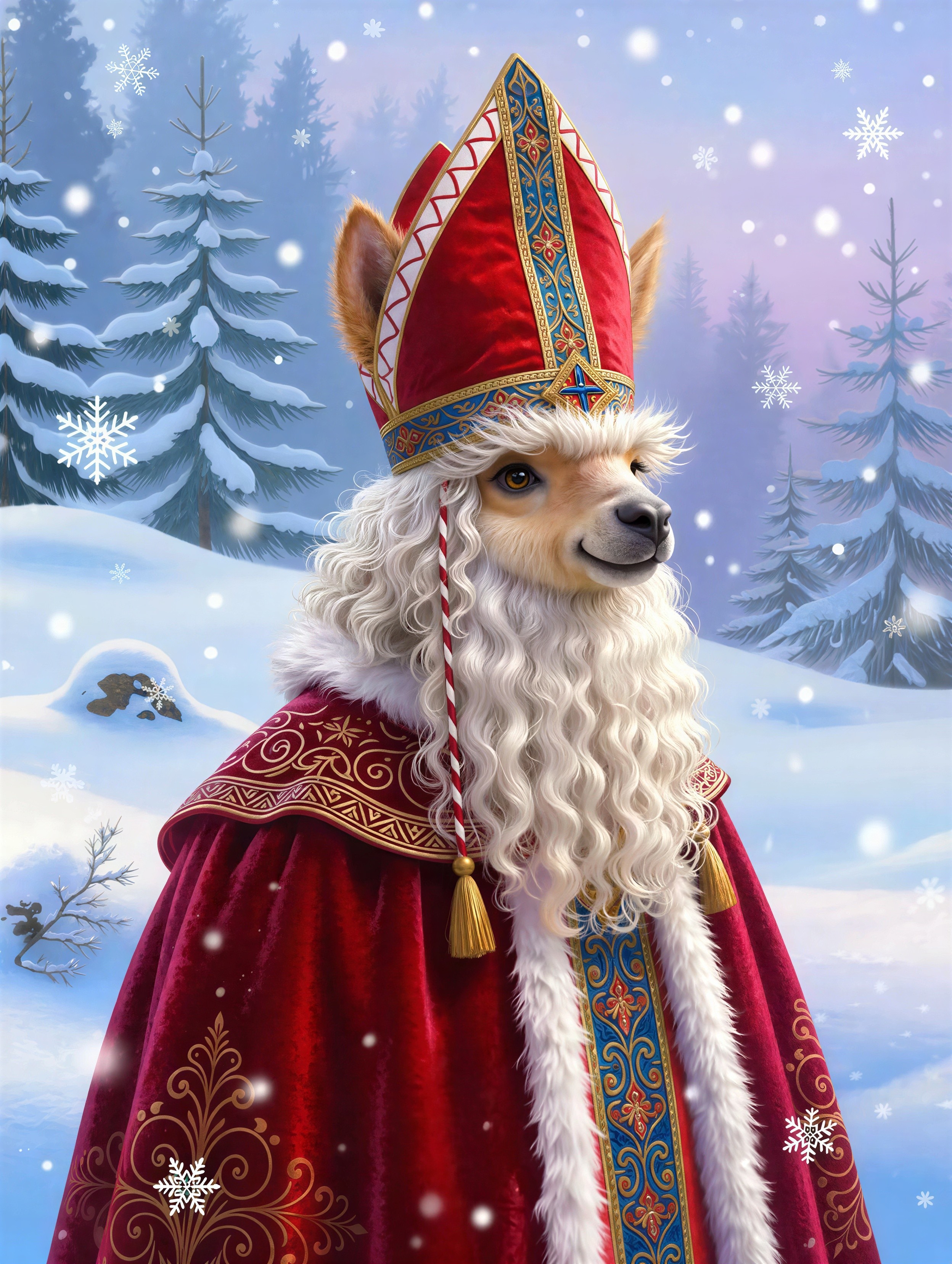 Corgi-like Creature Dressed as Saint Nicholas in Snow